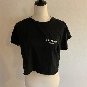 Cropped eco-designed cotton T-shirt with small flocked Balmain logo